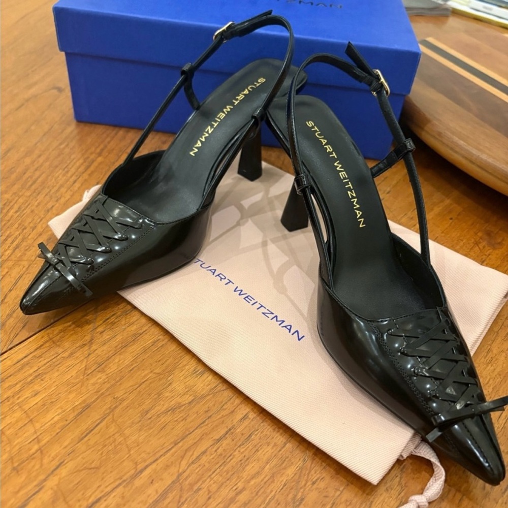 Brand New Stuart Weitzman Black Pointed-Toe Slingback Heels with Corset Detail